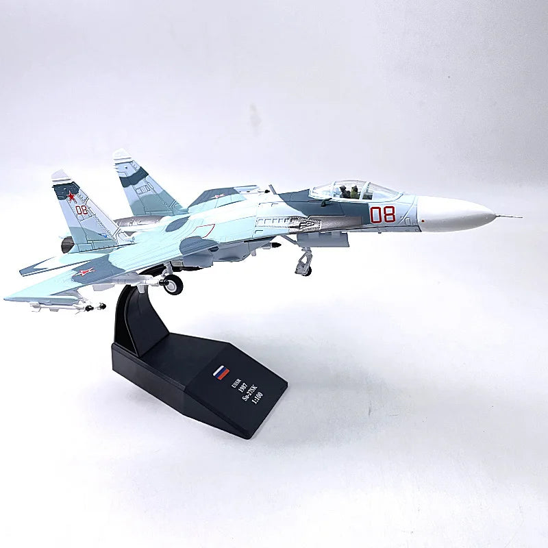 Jason TUTU diecast model of the Sukhoi Su-27, a Russian Air Force fighter aircraft, in a 1:100 scale.