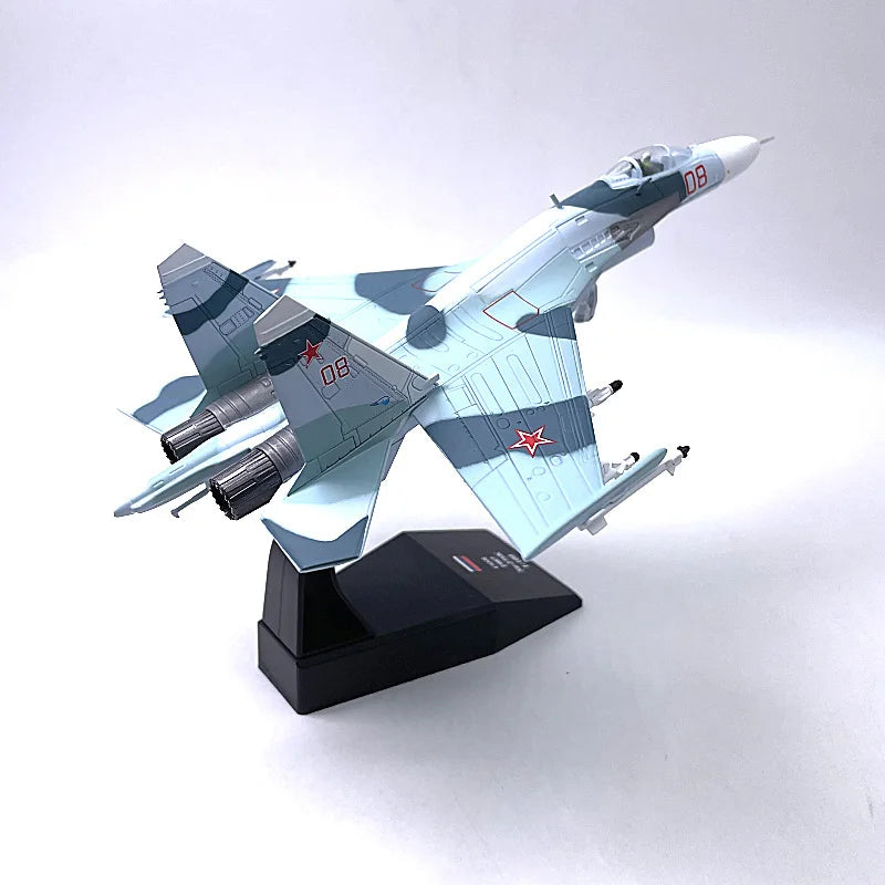 Jason TUTU diecast model of the Sukhoi Su-27, a Russian Air Force fighter aircraft, in a 1:100 scale.