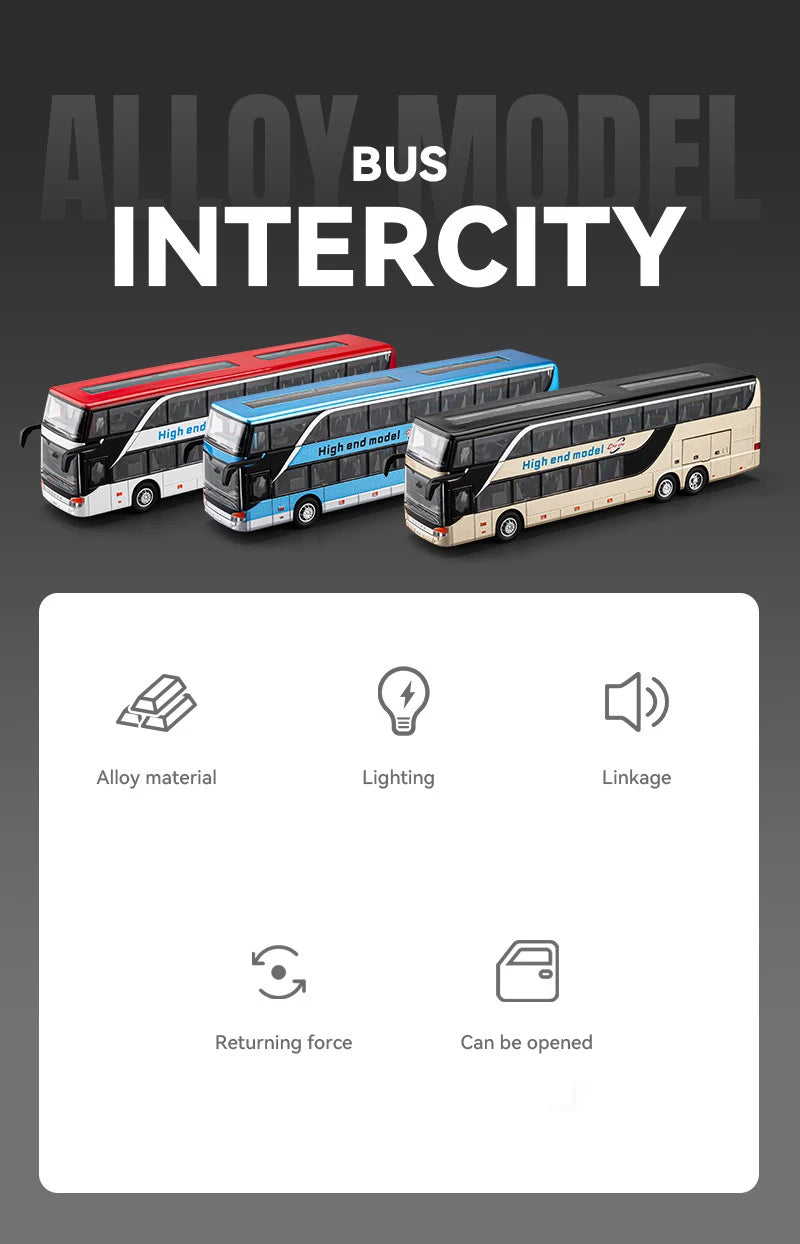 1:30 Business Long Distance Double Decker Bus Alloy Model Car Toy Diecasts Casting Sound and Light Car Toys For Children Vehicle