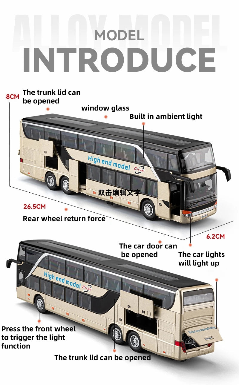 Business Class Long Distance Double Decker Bus Diecast Model - Sound & Light Effects