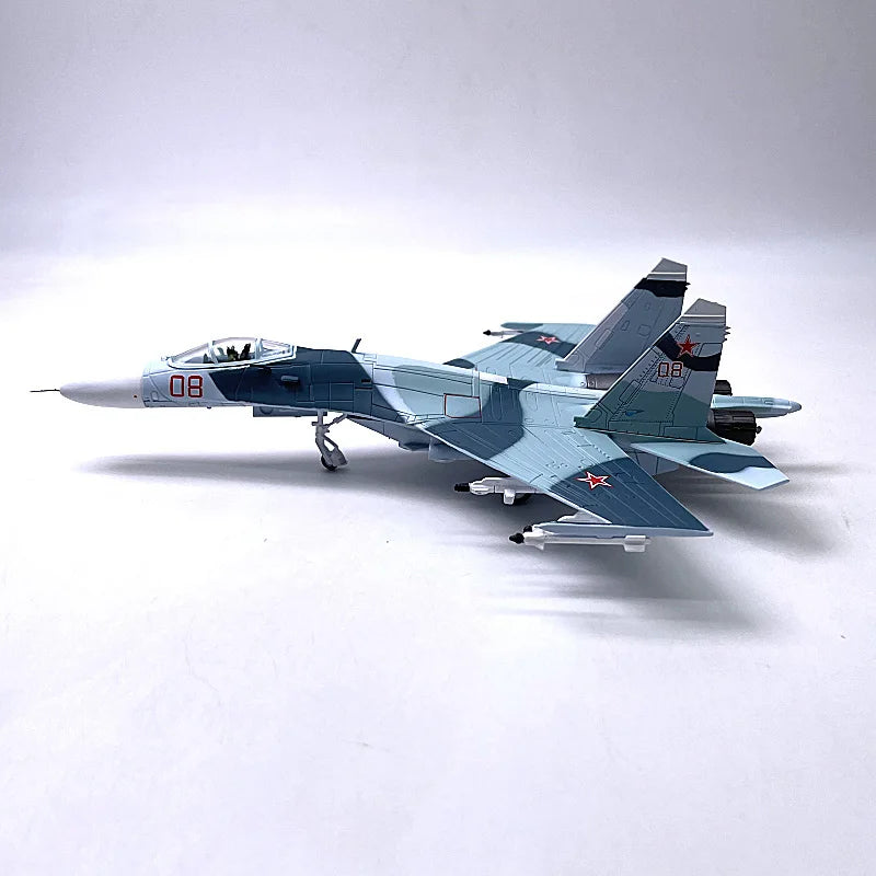 Jason TUTU diecast model of the Sukhoi Su-27, a Russian Air Force fighter aircraft, in a 1:100 scale.