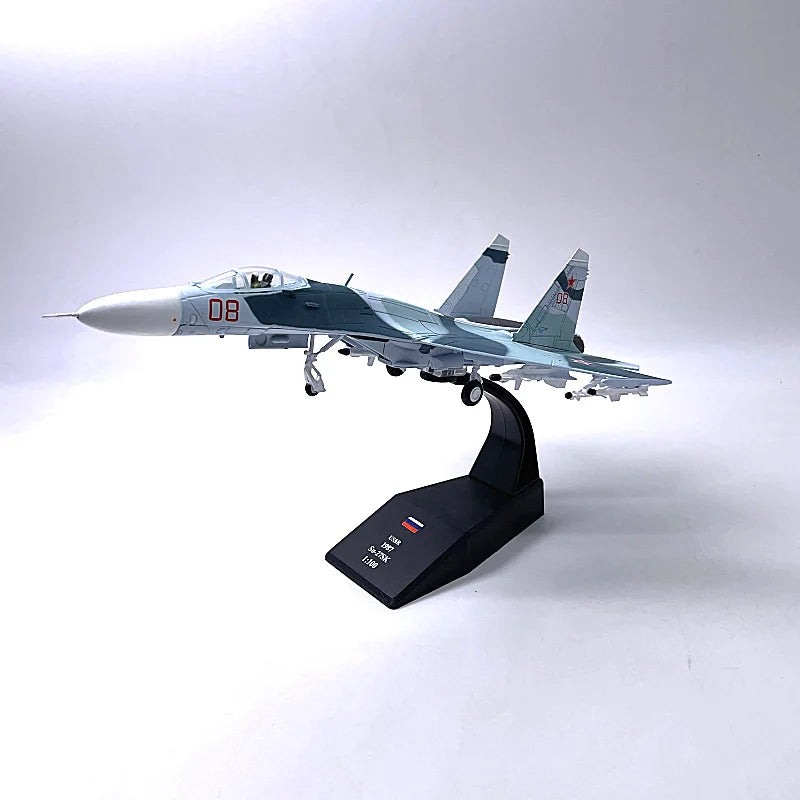 Jason TUTU diecast model of the Sukhoi Su-27, a Russian Air Force fighter aircraft, in a 1:100 scale.