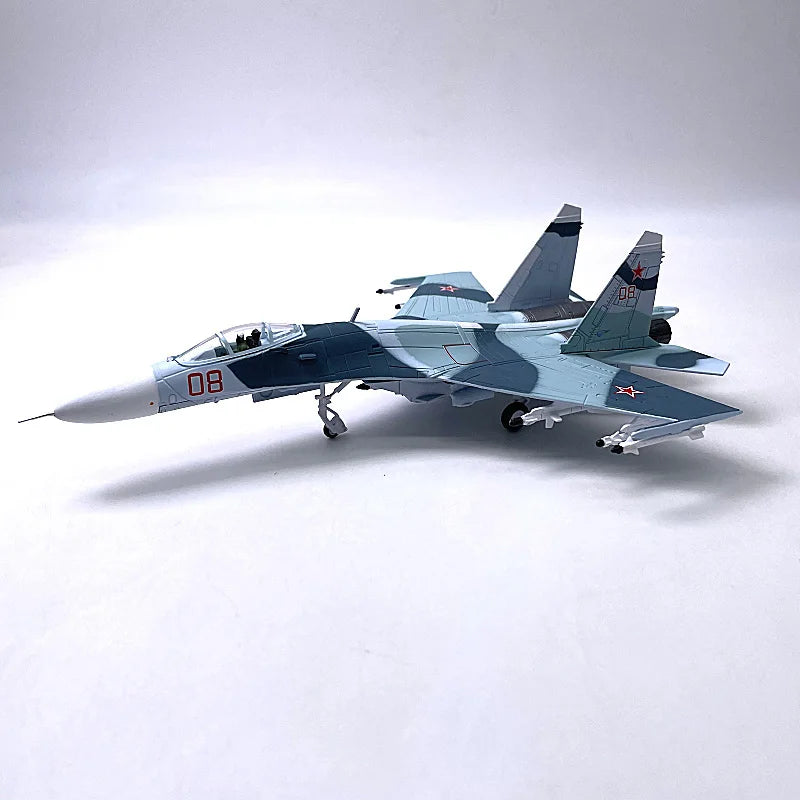 Jason TUTU diecast model of the Sukhoi Su-27, a Russian Air Force fighter aircraft, in a 1:100 scale.