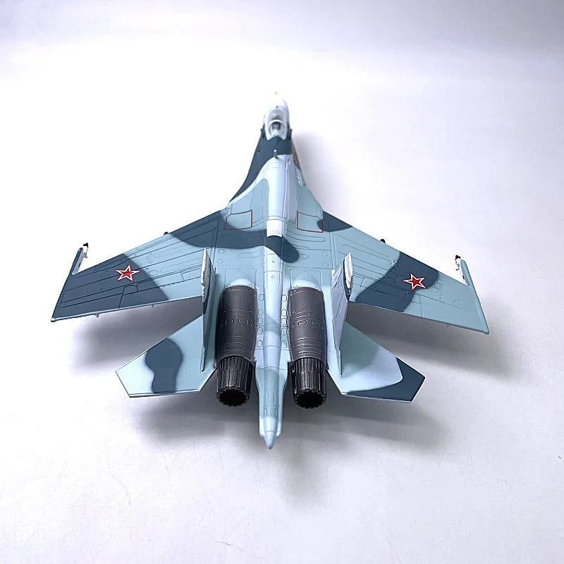 Jason TUTU diecast model of the Sukhoi Su-27, a Russian Air Force fighter aircraft, in a 1:100 scale.