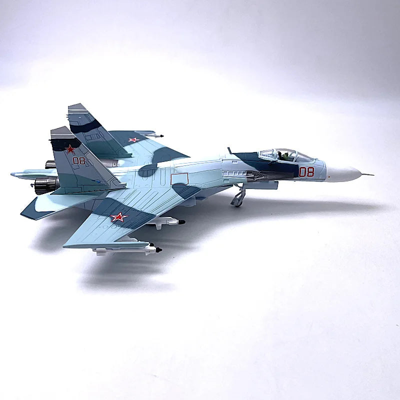 Jason TUTU diecast model of the Sukhoi Su-27, a Russian Air Force fighter aircraft, in a 1:100 scale.