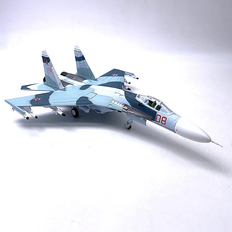 Jason TUTU diecast model of the Sukhoi Su-27, a Russian Air Force fighter aircraft, in a 1:100 scale.