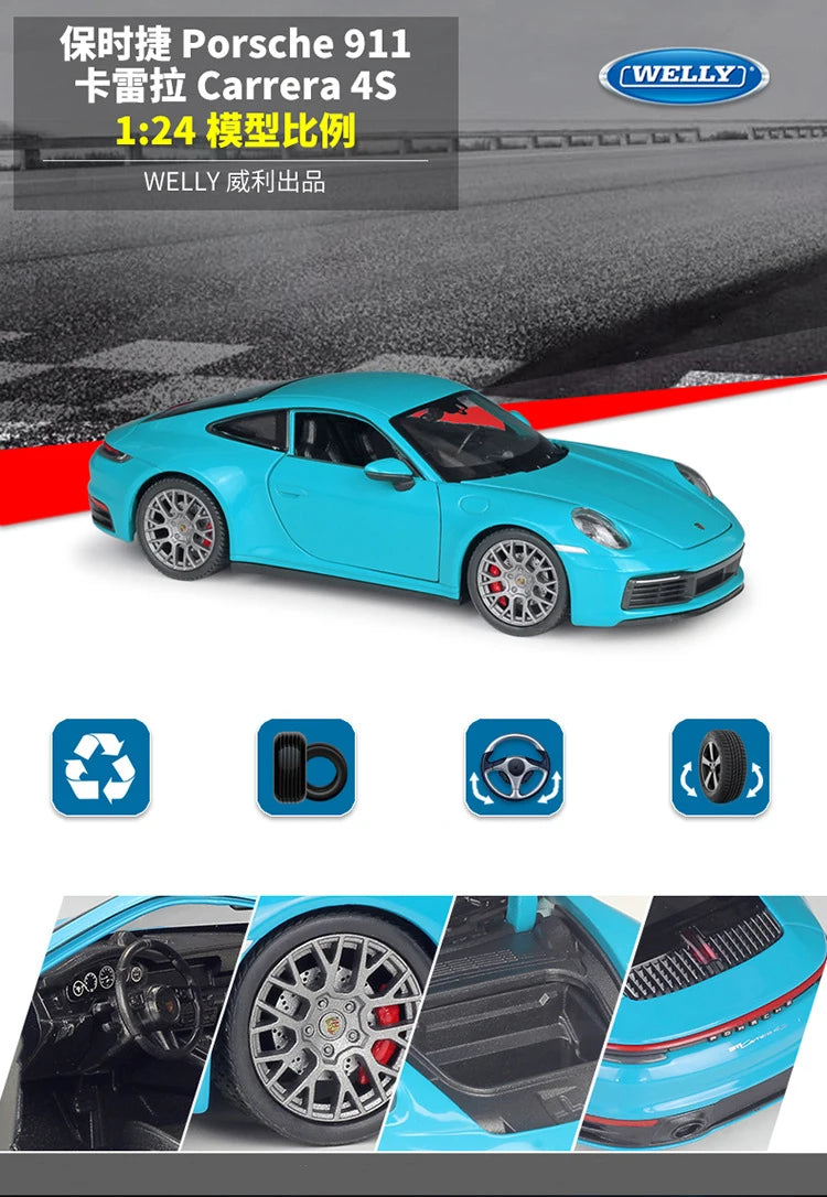 WELLY 1:24 Porsche 911 Carrera 4S Alloy Car Model Diecasts & Toy Vehicles Collect Car Toy Boy Birthday gifts