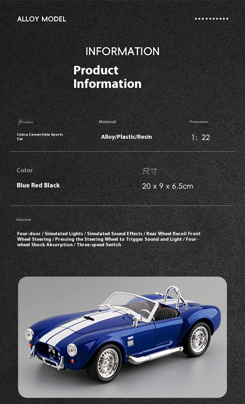 CCA 1965 Shelby Cobra Convertible Roadster 1:24 Diecast Model Car with Sound, Lights & Pull-Back Action