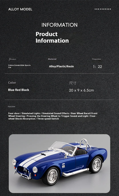 CCA 1965 Shelby Cobra Convertible Roadster 1:24 Diecast Model Car with Sound, Lights & Pull-Back Action