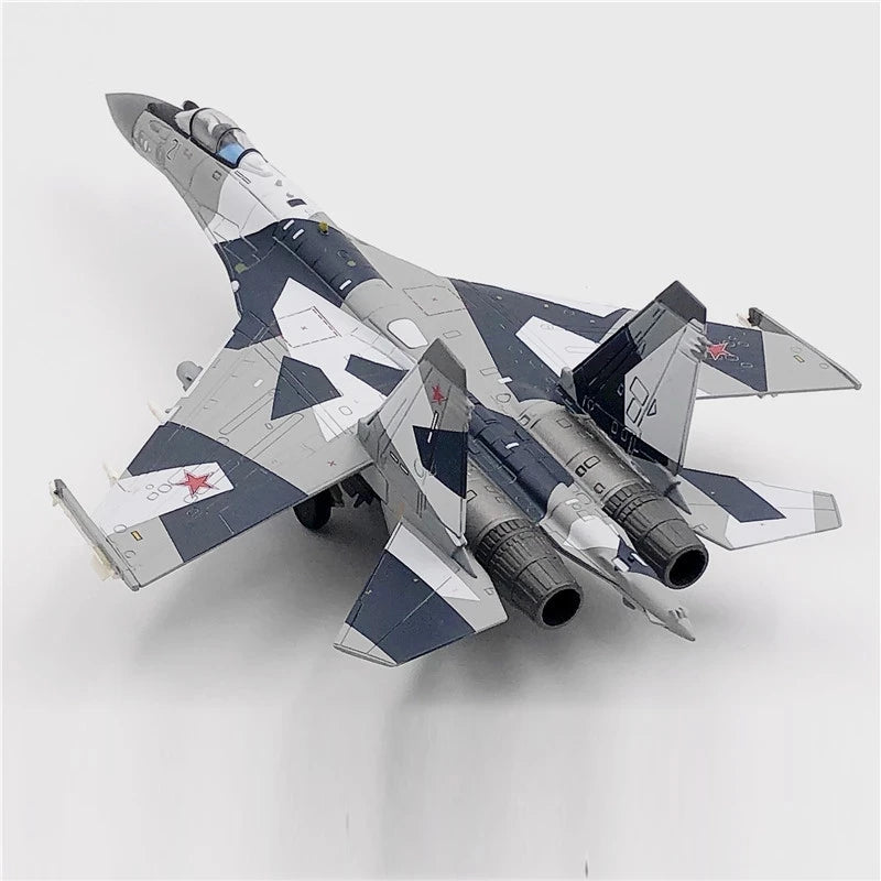 Jason TUTU diecast model of the Sukhoi Su-27, a Russian Air Force fighter aircraft, in a 1:100 scale.