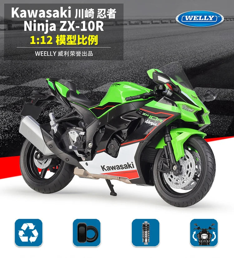 WELLY 1:12 Kawasaki Ninja ZX10R Heavy Locomoti Simulation Alloy Motorcycle Model Shock Absorbers Collection Toy Car Gift