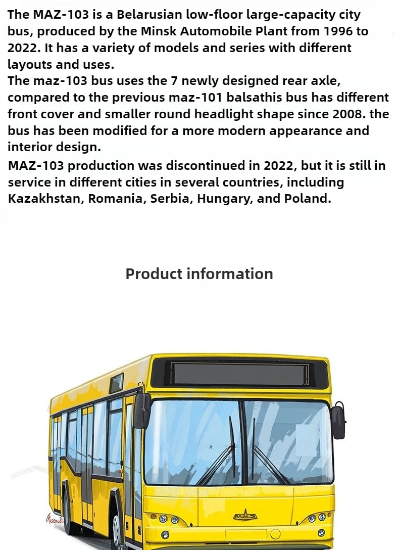 Low Floor Bus MAZ-103 Diecast Model Belarus Bus JAVN066 Model