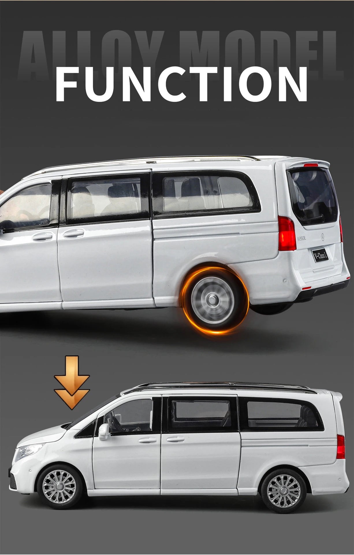 Mercedes-Benz V260 MPV Diecast Model Car with Sound, Light, Pull-Back Action – 1:24 Scale