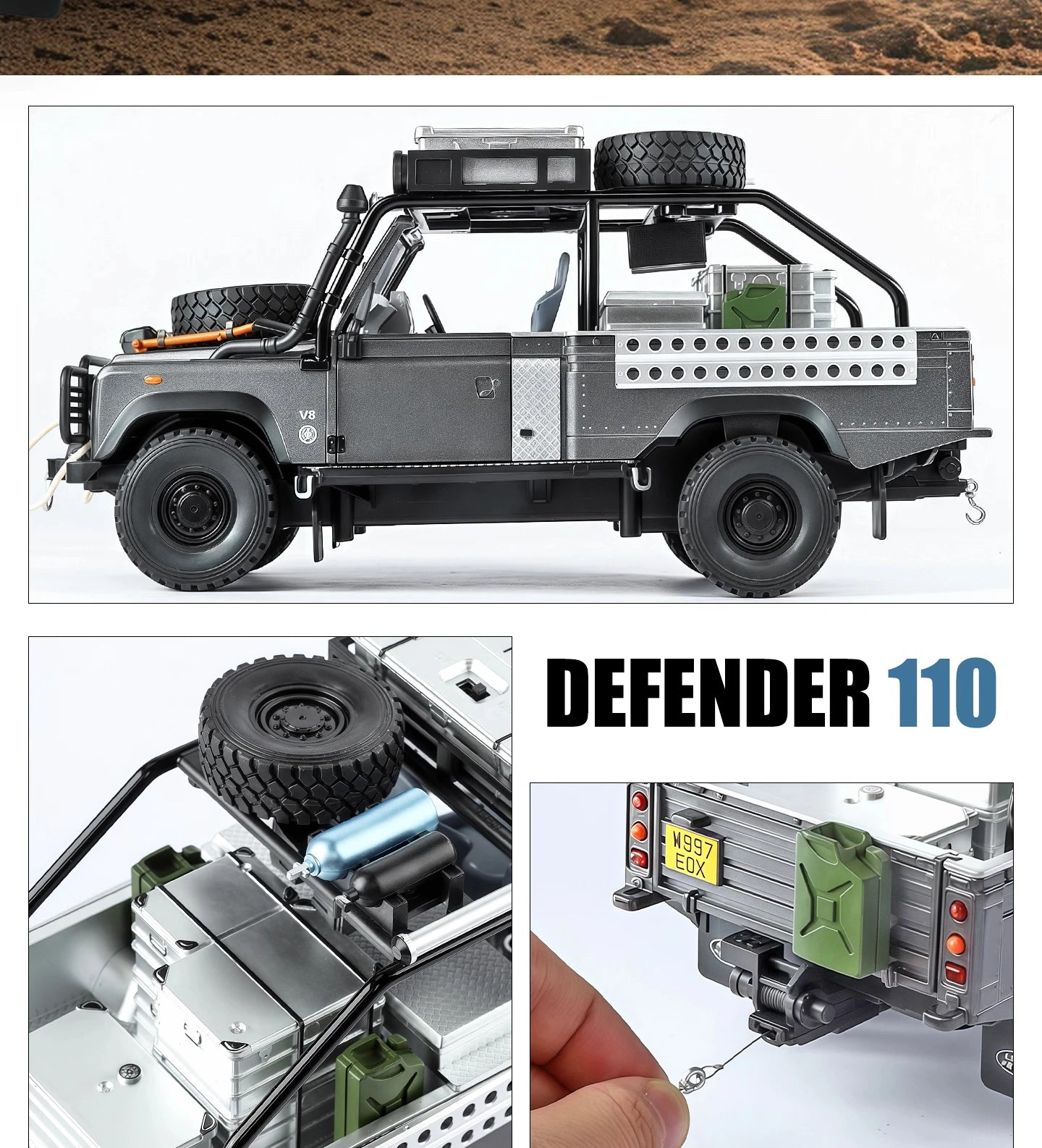1:24 Land Rover Defender 110 SUV Diecast Model Car with Sound, Lights & Pull Back Action