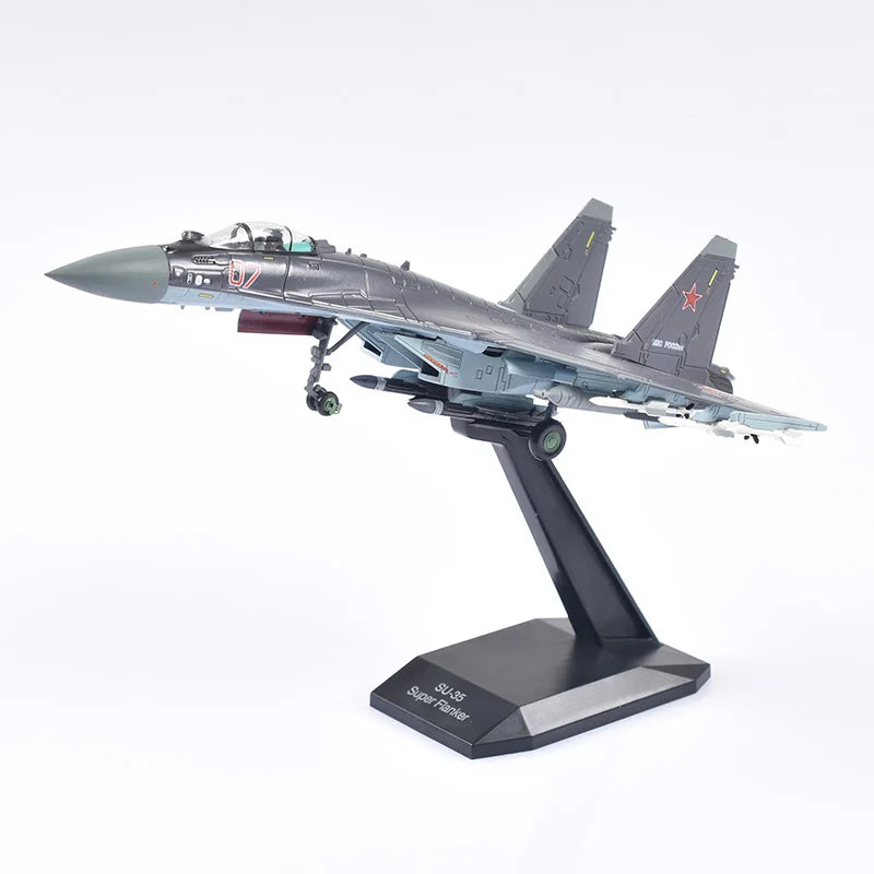 Jason TUTU diecast model of the Sukhoi Su-27, a Russian Air Force fighter aircraft, in a 1:100 scale.