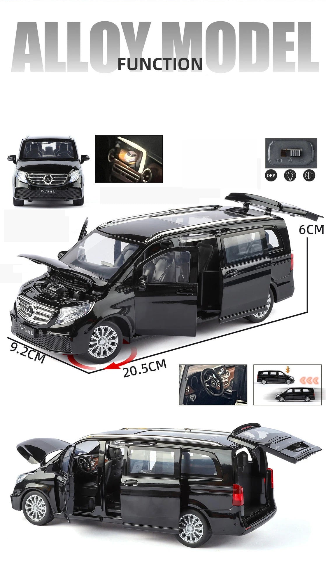 Mercedes-Benz V260 MPV Diecast Model Car with Sound, Light, Pull-Back Action – 1:24 Scale