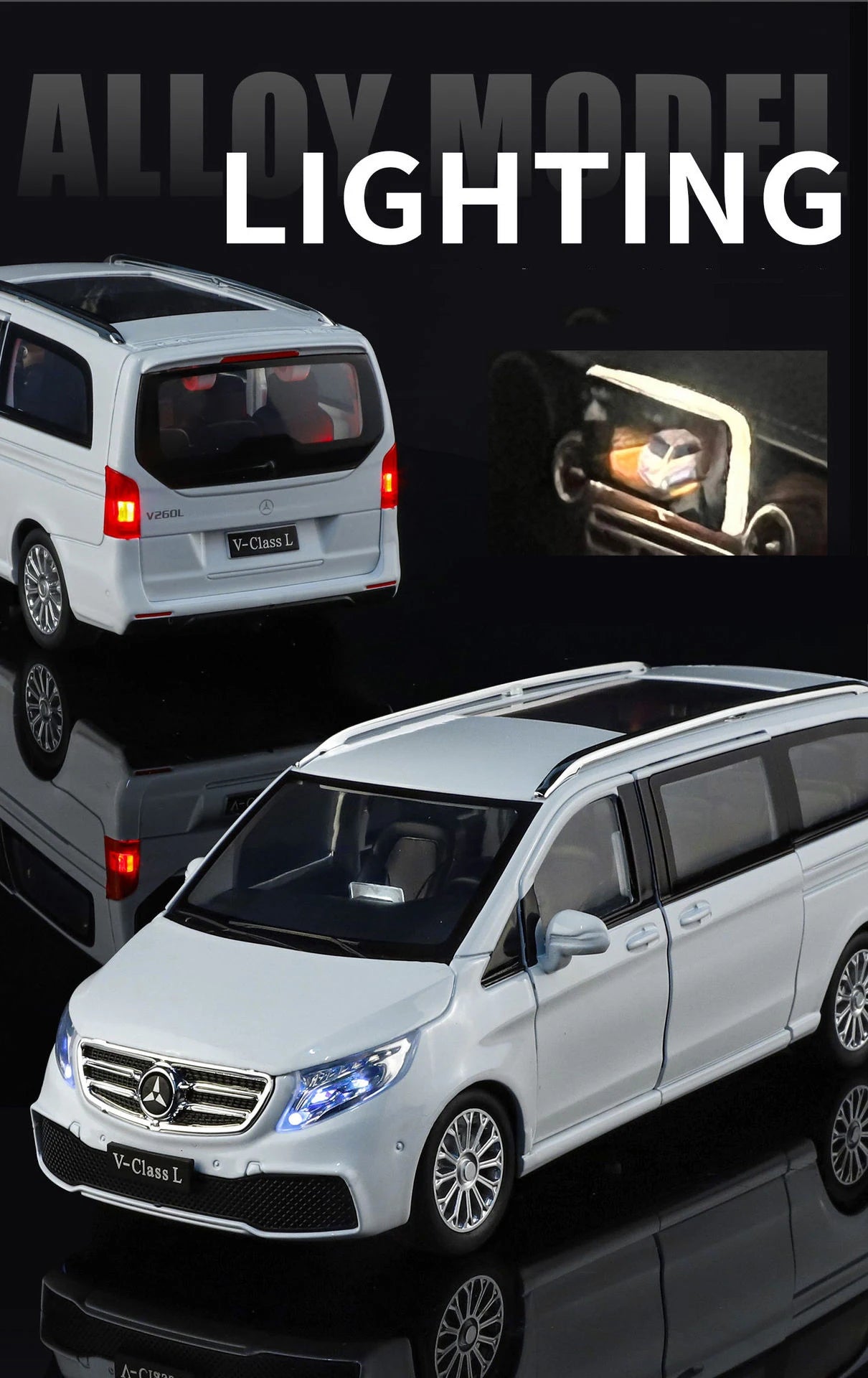 Mercedes-Benz V260 MPV Diecast Model Car with Sound, Light, Pull-Back Action – 1:24 Scale
