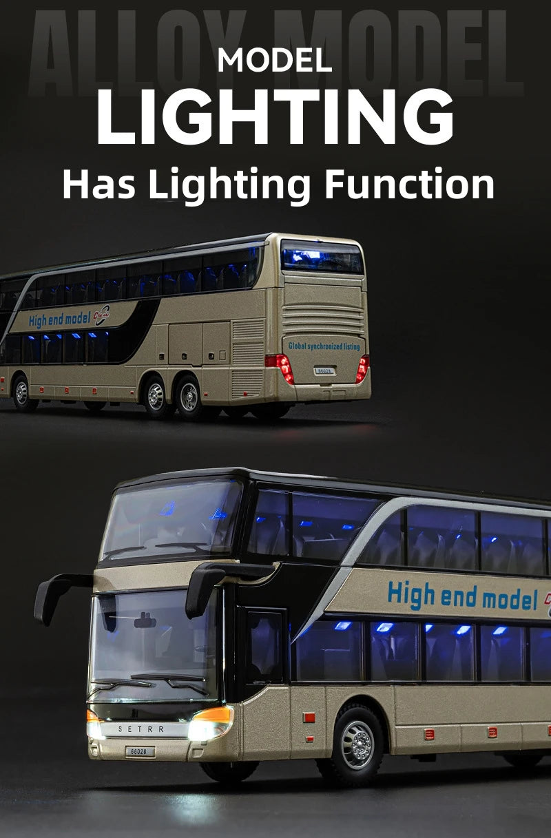 1:30 Business Long Distance Double Decker Bus Alloy Model Car Toy Diecasts Casting Sound and Light Car Toys For Children Vehicle