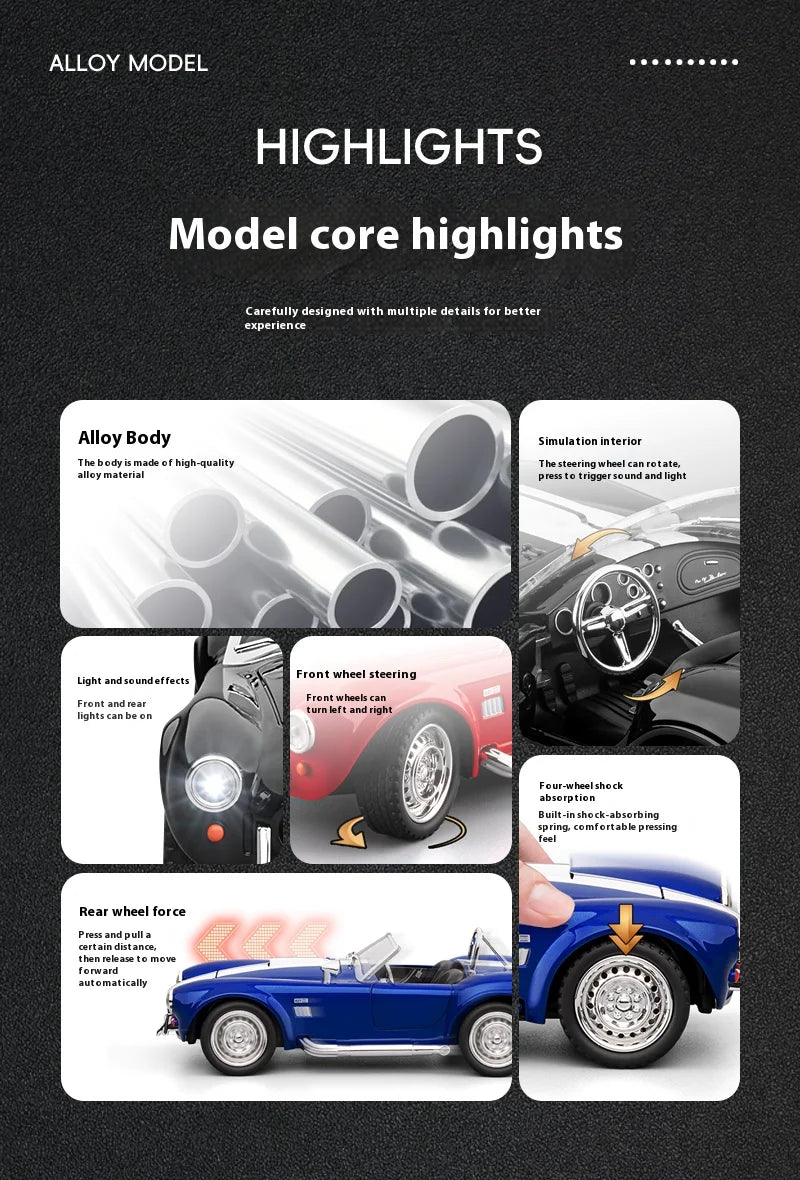 CCA 1965 Shelby Cobra Convertible Roadster 1:24 Diecast Model Car with Sound, Lights & Pull-Back Action